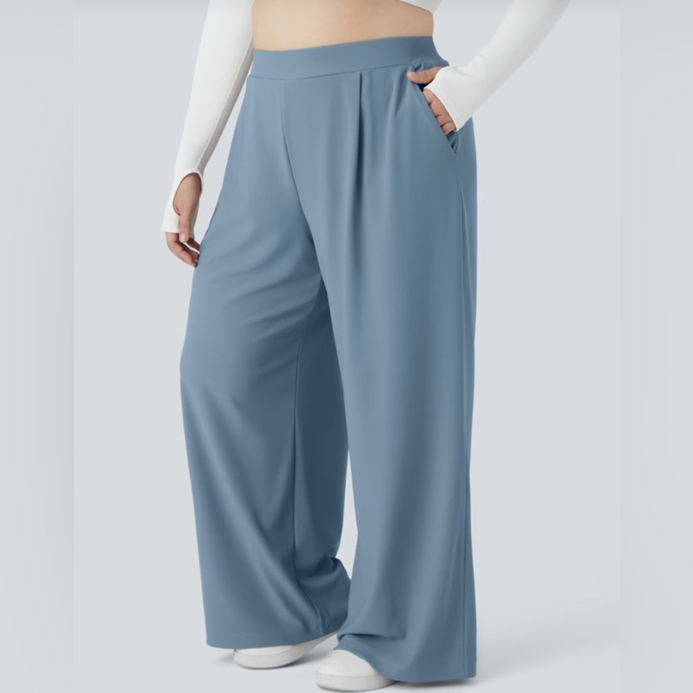 Halara Flex Micro Waffle Pull On High Waisted Wide Leg Pants Light Blue XL NWT